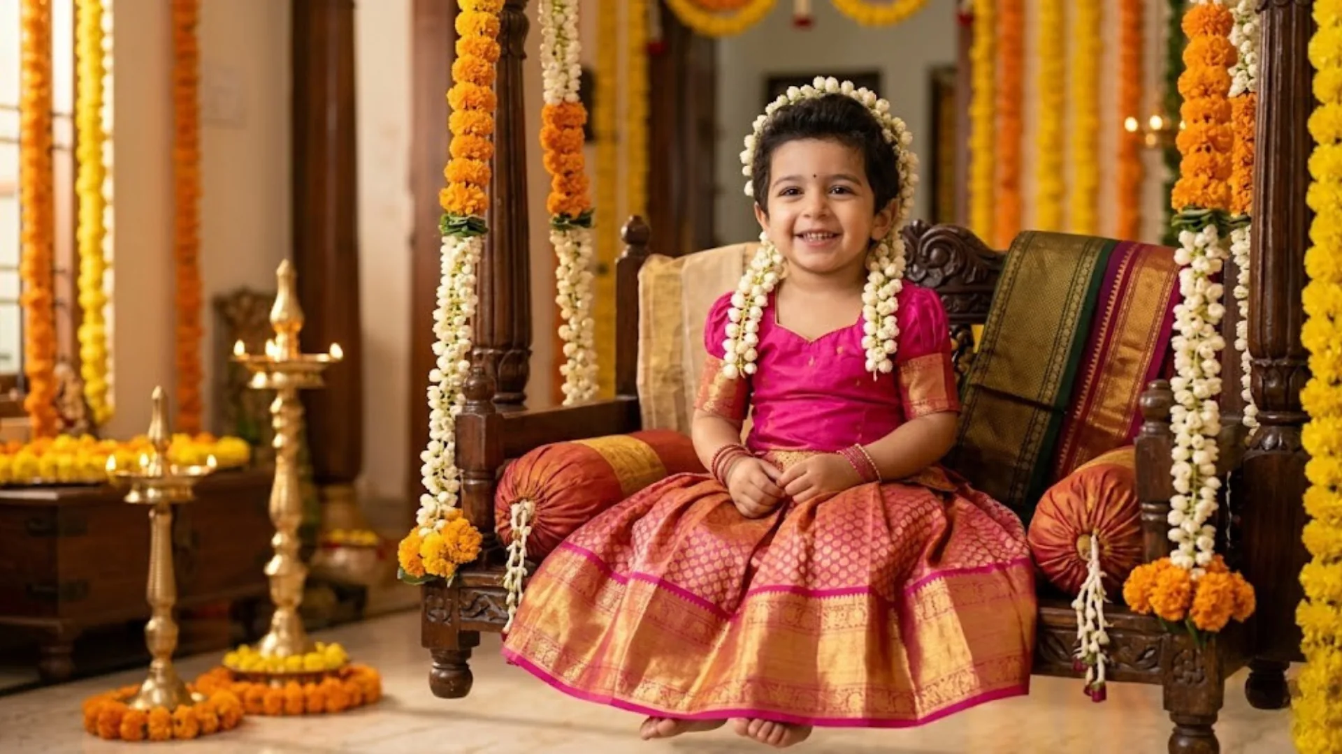 AI-generated baby wearing traditional South Indian silk lehenga sitting on a decorated wooden swing with jasmine flowers and diyas